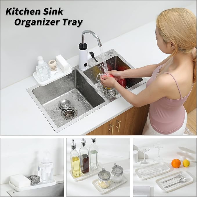 MicoYang Silicone Kitchen Sink Organizer Tray for Multiple Usage,Eco-Friendly Sponges Holder for Kitchen Bathroom Counter or Sink,Dish Soap Dispenser,Scrubber,Bottle,Cup (White, 10"×5.3")