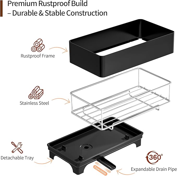 MOUKABAL Sponge Holder for Kitchen Sink – Rustproof Stainless Steel, 360° Rotating Drain Pipe, Large Counter Organizer with Drip Tray for Sponges, Brushes & Dish Cloths Black