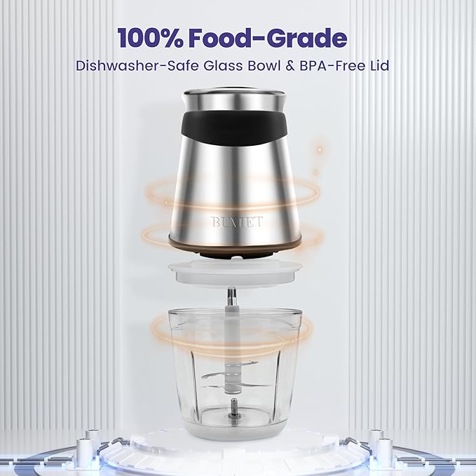 BUMET Electric Food Processor Vegetable Chopper 500W with 2.5 Cup Glass Bowl and Stainless Steel 4 Blades Cutter Mini Food Chopper for Home Use, Mincing, and Puree for Kitchen Aid, Baby Food