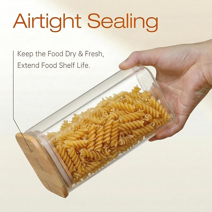 HomArtist Square Glass Jars with Bamboo Lids 79 FL OZ [Set of 3], Glass Canisters with Airtight Lid, Glass Food Storage Containers for Spaghetti, Fettuccine, Linguine,Pasta, Best for Kitchen & Pantry