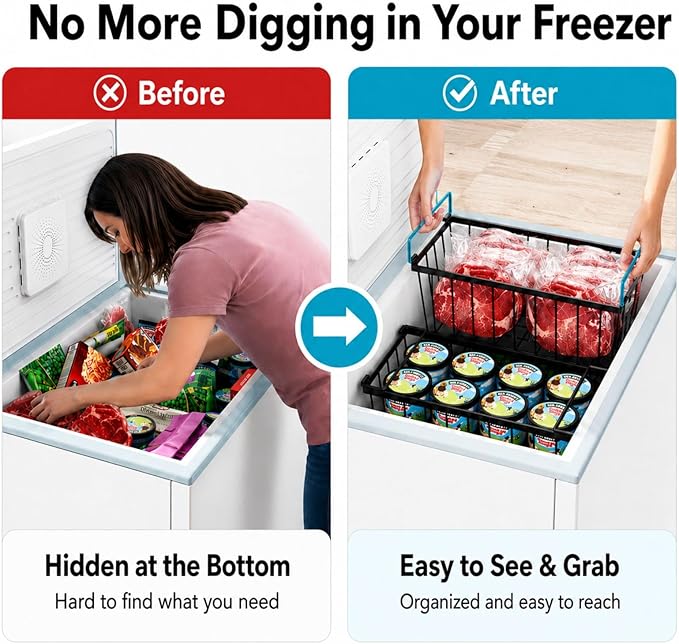 iSPECLE Freezer Organizer Bins - Fits 7 Cu.Ft Chest Freezer, 4 Pack Stackable Deep Freezer Organizer Bins (14.7" L) Easy Get Bottom Food with Handle, Wire Baskets Rust Resistant Sort Frozen Food