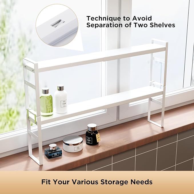 2 Tier Expandable Stackable Narrow Shelf Organizer, Tall Countertop Organizer for Tight Spaces, Windowsill Plant Stand, Over-Sink/Faucet Shelf, Kitchen Storage, Bathroom Vanity, Laundry Room (White)