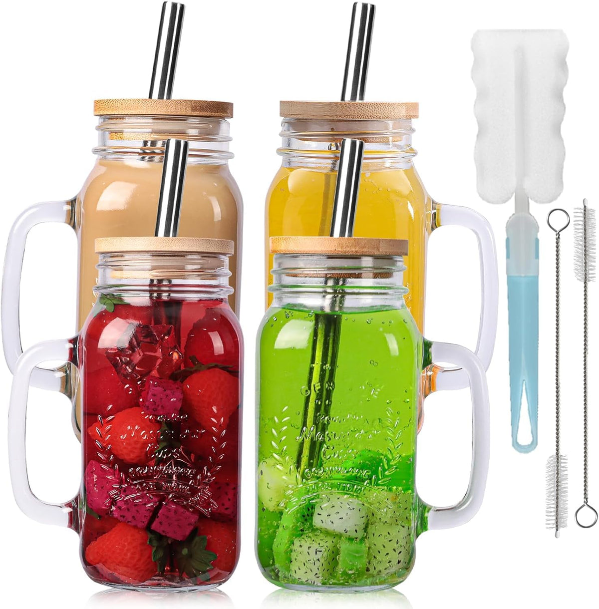 4 Pack 24Oz Mason jar cups with lids and straws, Mason Jars with Handle
