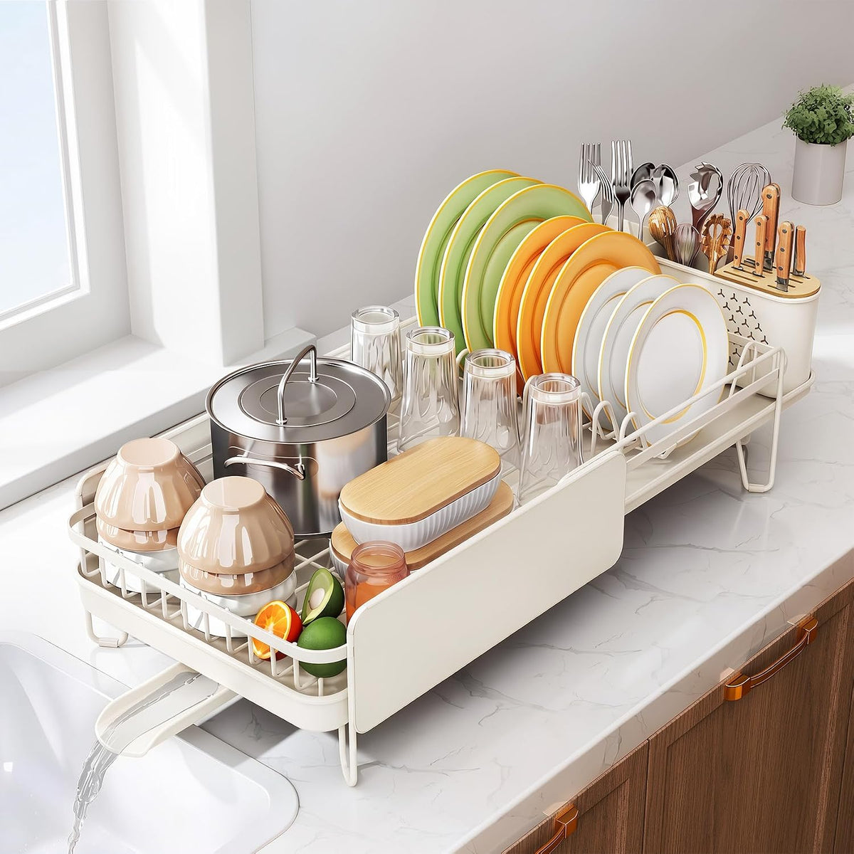 Large Dish Drying Rack for Kitchen Counter, Expandable, White