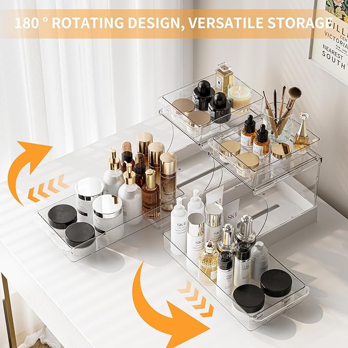 Jsyrjing Pull Out Spice Rack, 2 Tier Clear Cabinet Organizer for Kitchen and Bathroom Storage, Rotating Pantry Organizer and Makeup Organizer for Drawer, Durable Design, 2 Pack Under Sink Organizer
