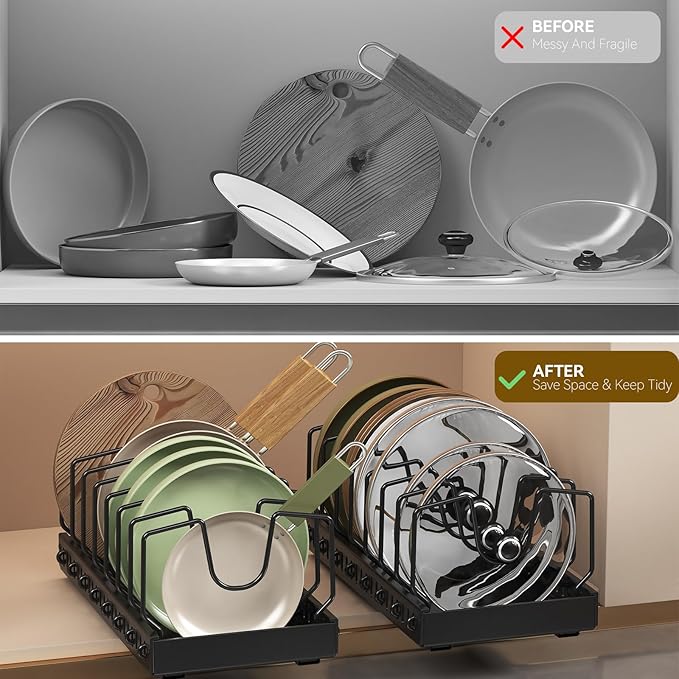 Pots and Pans Organizer Under Cabinet, Pull Out Pots and Pans Organizer, Under Cabinet Pot Lid Holder, Sliding type Pots and Pans Storage for Pot Lid, Bakeware, Dishes, 10 Adjustable Dividers