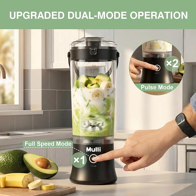 Mulli Upgraded Personal Blender,17oz Portable Blender for Shakes & Smoothies, USB-C Rechargeable, BPA-Free, with Leak-Proof Lid & Straw Lid, Dishwasher Safe Cups
