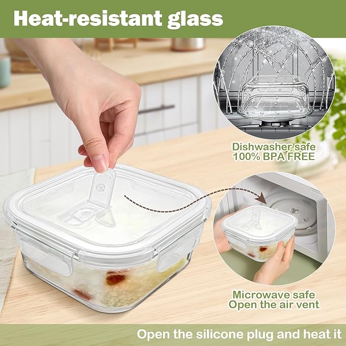 Square Glass Containers with Lids 24oz - Borosilicate Glass Food Storage Set 3 Cup, Freezer Safe Meal Prep Containers, Sandwich Lunch Box, Yogurt Cereal Bowls with Vented Lids BPA Free 4 Pack
