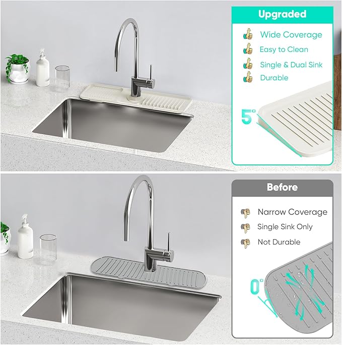 17.7inch Faucet Mat for Kitchen Sink [5°Slope Fast Self-draining] Faucet Mat Kitchen Sink Splash Guard Silicone Sink Splash Guard Kitchen Sink Area Tidy Splash Faucet Guard Draining Mat-Beige