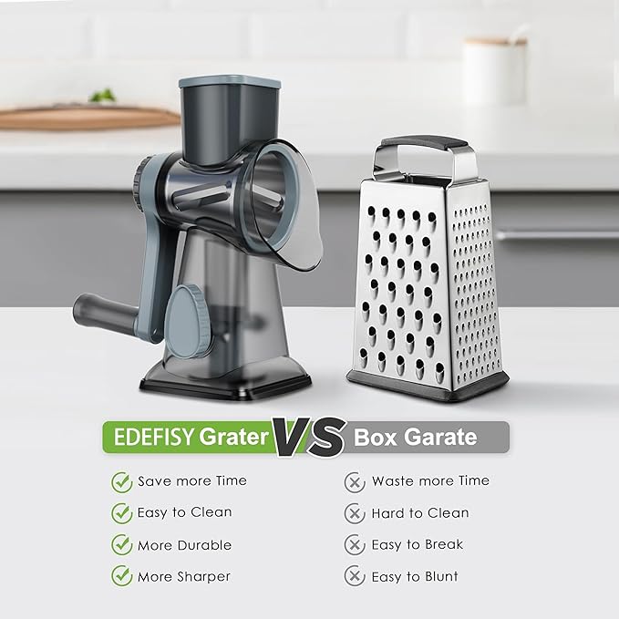 Cheese Grater Hand Crank Rotary Vegetables Shredder with Handle, 3-in-1 Graters with Interchangeable Blades and Non-slip Base Multifunctional Slicer for Kitchen