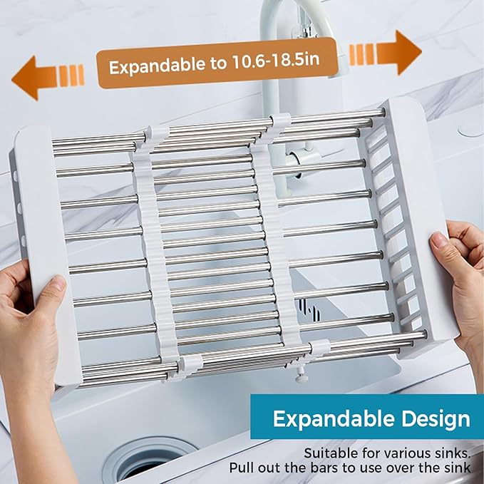 COVRA Over Sink Dish Drying Rack, Stainless Steel Drainer for 10.6"-18.5" Sinks (Square Sinks ONLY), Kitchen Countertop Organizer for Dishes, Vegetables, and Fruits (Black)