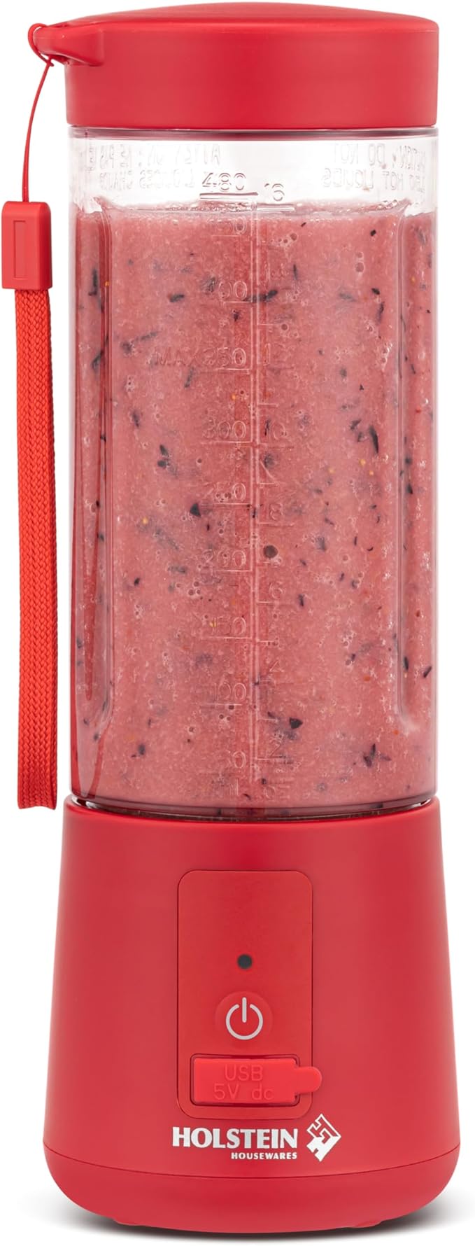 Holstein Housewares - USB Portable Blender, 16oz Personal Smoothie & Shake Maker with Rechargeable Battery, Type-C Fast Charging, Spill-Free Lid & Indicator Light - Red
