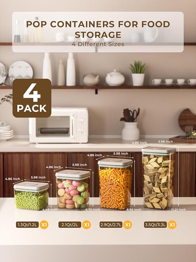 Pop Top Airtight Food Storage Containers, 4-Piece Pantry Starter Set with 4 Sizes, BPA-Free Clear Containers with Measurement Marks for Flour, Sugar, Cereal, Pasta