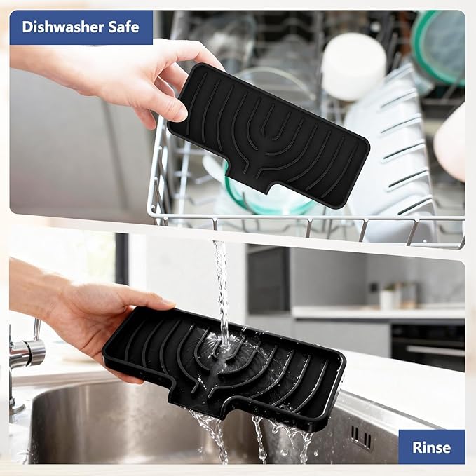 Silicone Sponge Holder for Kitchen Sink With Drain Spout, Self Draining, Kitchen Soap Tray, Bathroom Organizer, Sink Caddy (Black, 10×4)