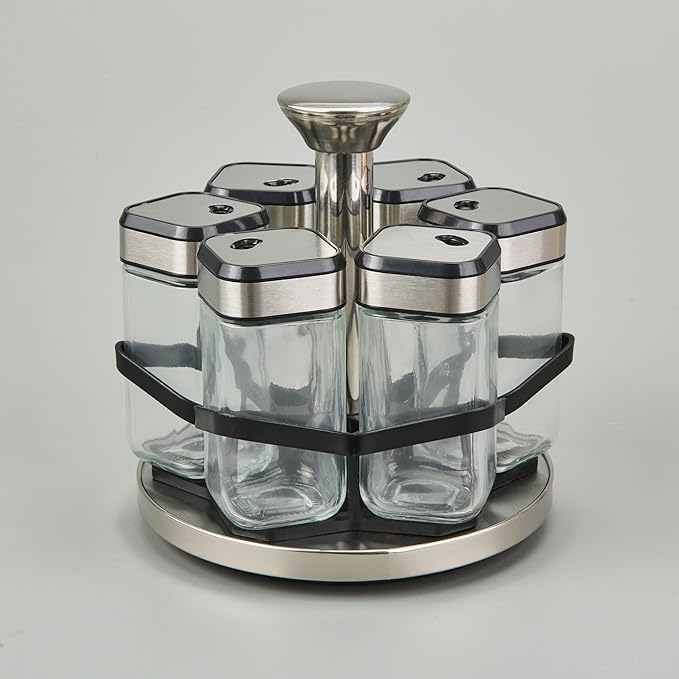 Rotating Spice Rack Organizer with 6 Glass Jars, Stainless Steel & Black Metal Stand, Space-Saving Countertop Spice Carousel, Modern Seasoning Storage Set for Kitchen, Home & Restaurant