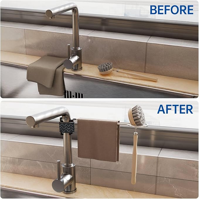 NiHome Heavy Duty Stainless Steel Kitchen Sink Faucet Towel Holder, Kitchen Faucet Rag Holder, Dish Rag Hanger Rack, Space-Saving Compact Dishcloth Organizer, Easy Installation & Rust Resistant