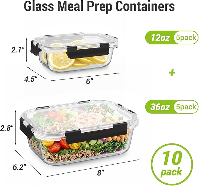Dealusy 10 Sets (20-Piece) Glass Meal Prep Containers with Lids, Five 36 oz & Five 12 oz Airtight Leak-proof Glass Food Storage Containers with lids, Microwave Oven Freezer Dishwasher Safe, Black