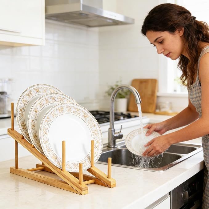 6 Pack Dish Rack Bamboo Drying Rack Wooden Plate Dish Rack Cabinet Organizer Kitchen Pot Lid Stand for Dish, Plate, Cup, Bowl, Cutting Board