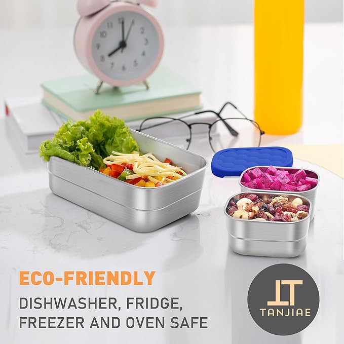 Tanjiae 3 CUP+1 CUP Stainless Steel Lunch Snack Containers Set | Leak Proof 304 Stainless Steel Food Containers with Silicone Lids - Perfect Metal Lunch Box for Home and Travel (25oz+8oz*2)