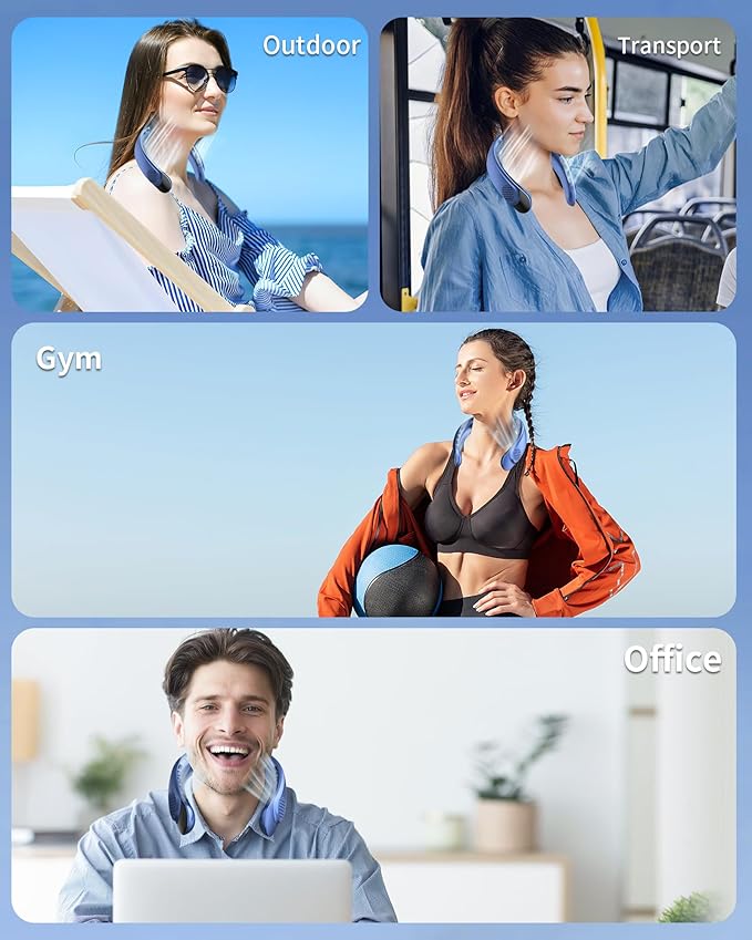 FrSara Portable Neck Fan Rechargeable, Neck Fans that Blow Cold Air, Personal Neck Cooler with 4000mAh, LED Display, 3 Speeds, USB TYPE-C, Ideal Gift for Women, Travel, Men, Sports, Denim