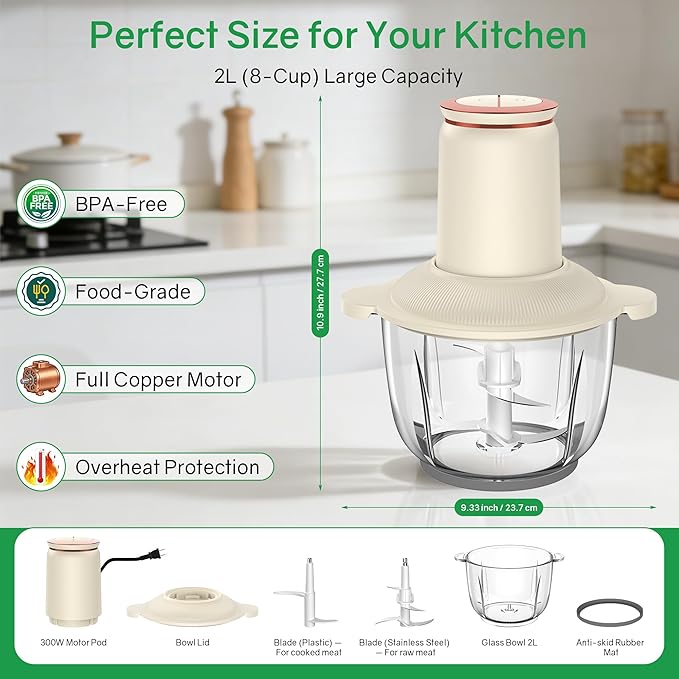 Food Processors 300W Electric Chicken Shredder Meat Grinder with Dual Blades and Full Copper Motor, 2L Food Chopper for Meat/Cooked Chicken Breast/Fish/Vegetable/Baby Food/Pet Food(Large)