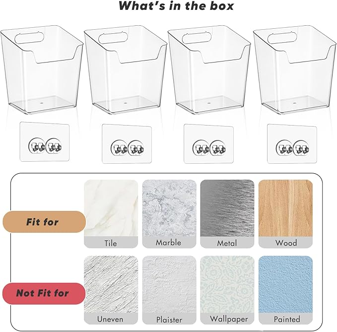 4 Pack Drink Packet Organizer, Clear Acrylic Cabinet Door Organizer Adhesive, Wall Mount Caddy Utensil Holder Floating Bin for Tea Bag Kcup Storage, Sewing Tools, Laundry Pods, Small Cleaning Supply