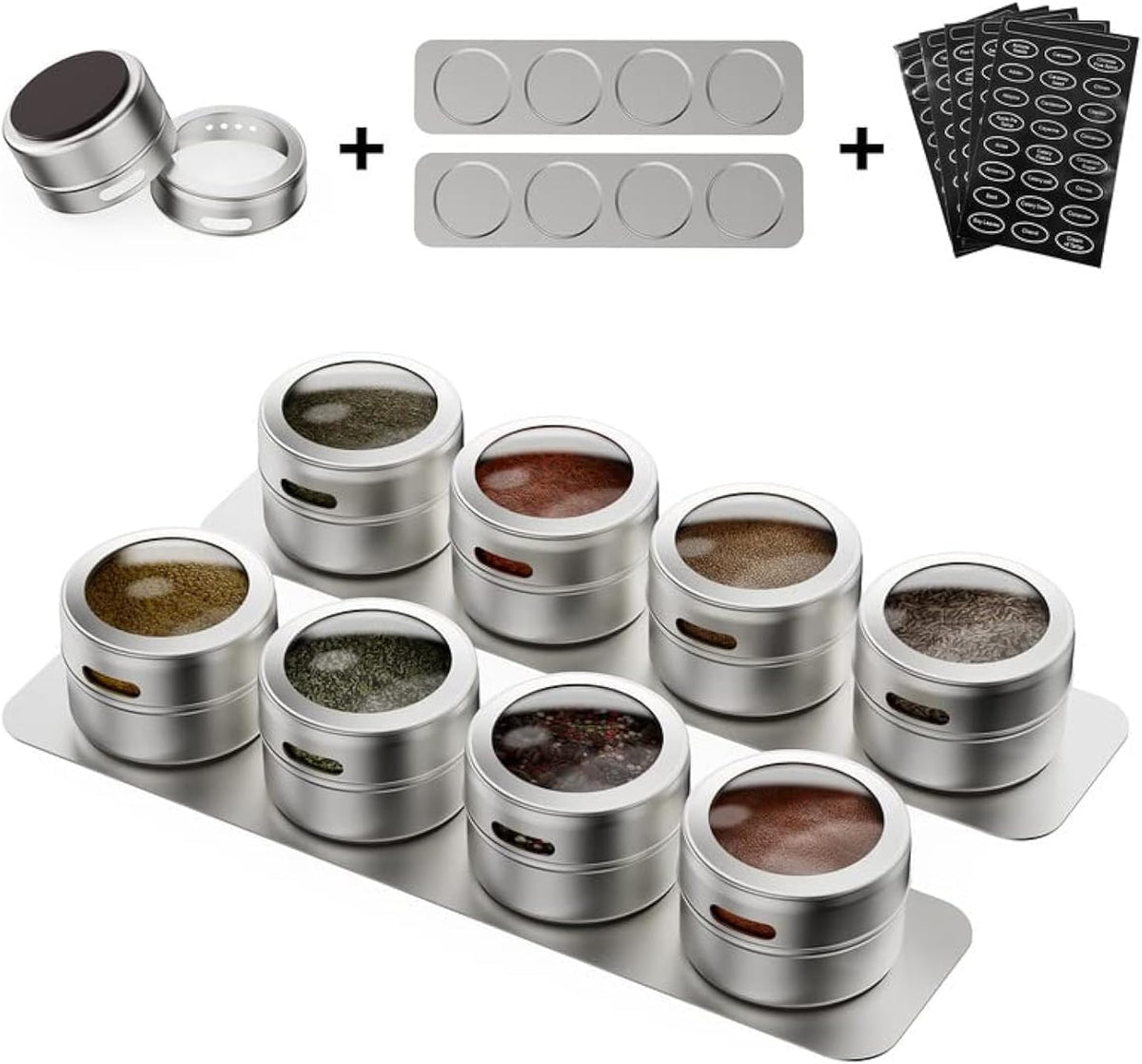 Set of 8 Magnetic Spice Tins with 2 Metal Wall-Plates,120 Preprinted Seasoning Label Stickers,2 Styles for 3 oz Herb Jars