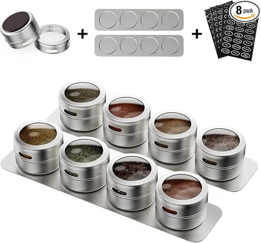 Vetacsion Set of 8 Magnetic Spice Tins with 2 Metal Wall-Plates