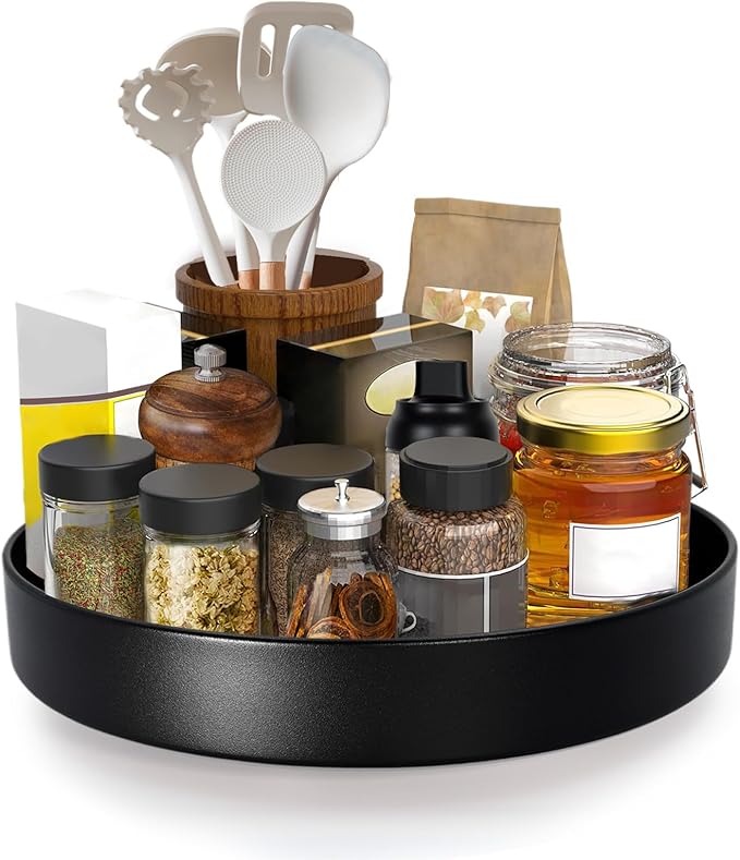 Metal Lazy Susan Organizer, 10 Inch Anti-Rust Turntable for Cabinet, Kitchen, Dining Table, Bathroom – Rotating Spice Rack, Spinner Storage, Round Carousel Organizer for Countertop Black