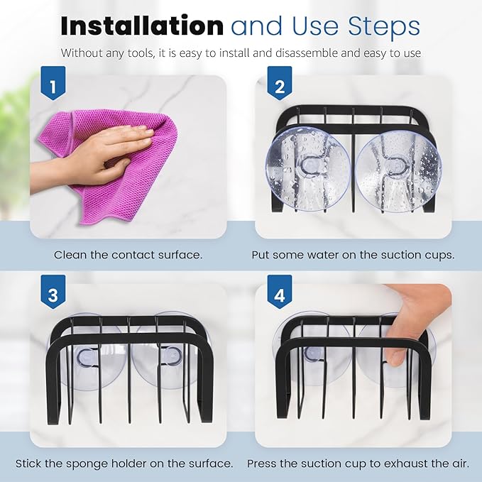HLOOL Sponge Holder for Kitchen Sink with Suction Cups, Kitchen Sponge Holder,Sink Caddy(Black)