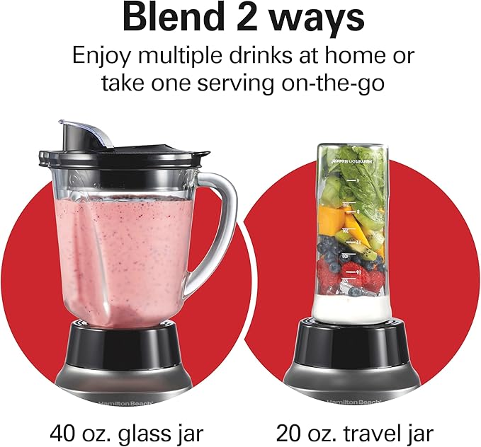 Hamilton Beach Wave Action Blender for Smoothies, Stainless Steel Ice Sabre Blades, 40oz Glass Jar, 20oz Blend-In Portable Travel Jar, 800 Watts, Quiet Design, Silver (58181)