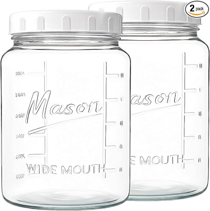 kitchentoolz Extra Large Mason Jar - 1 Gallon Glass Wide Mouth Jar with Airtight Plastic Screw on Lid, Food Storage Container with Measurement Marks Pack of 2