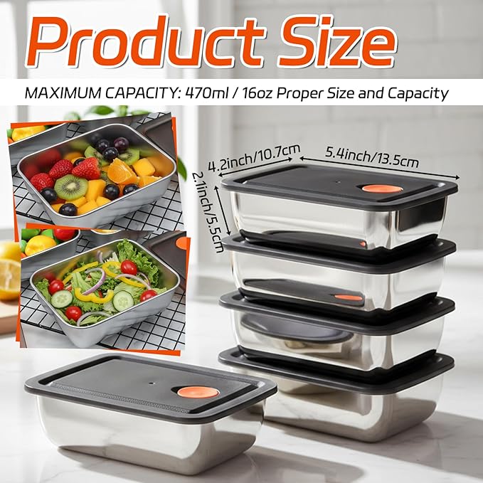 10 Set Stainless Steel Food Containers with Lids, Metal Leak-Proof Food Storage Containers Reusable Stackable Meal Prep Container for Lunch Picnic Travel, Dishwasher & Freezer Safe (16 oz)