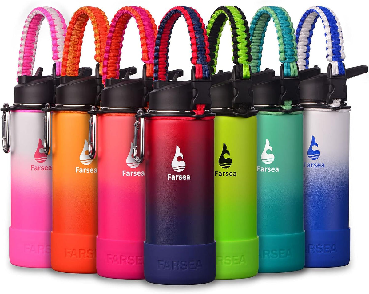 Insulated Water Bottle With Paracord Handle, Protective Silicone Boot and 2 Lids (Straw Lid & Spout Lid), Stainless Steel Water Bottle Wide Mouth, Double Wall Sweat-Proof BPA-Free, 18 oz