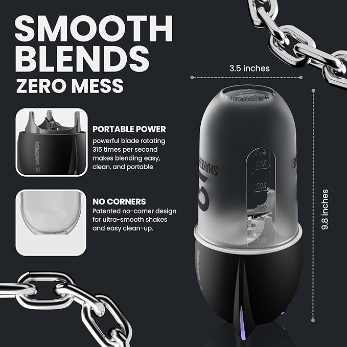 SHAKESPHERE Portable Blender for Shakes and Smoothies – 19oz Electric Personal Blender with Clear Tritan Cup, USB-C Rechargeable, Compact and Powerful for Travel, Gym, and Workout – Black