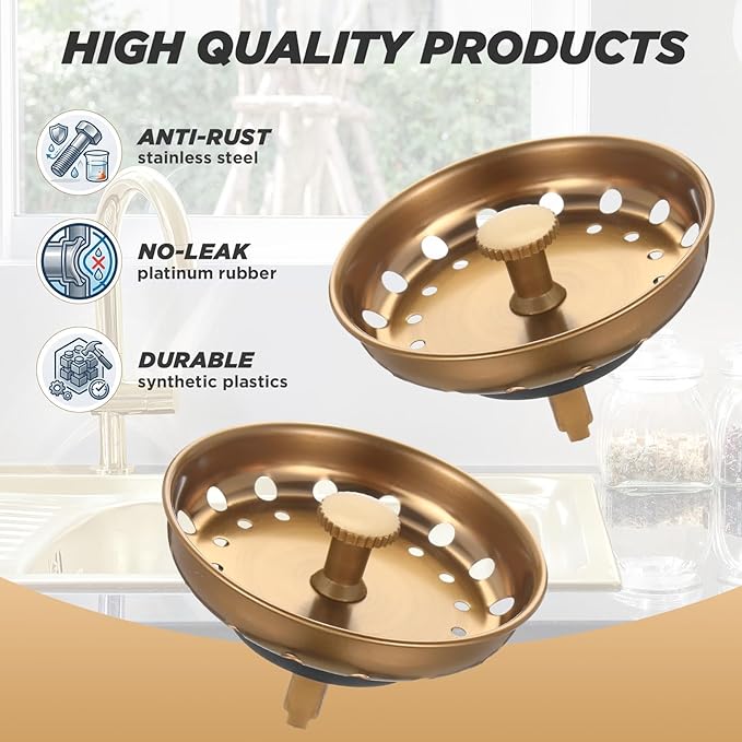 Retisee 2 Pcs Kitchen Sink Stopper Strainer Stainless Steel Drain Strainers for Universal 3-1/2 Inch Kitchen Sink Drain Replacement (Champagne Brown)