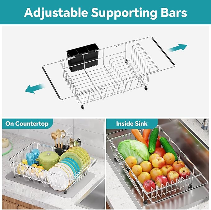Simple Trending Adjustable Dish Drying Rack in Sink, Dish Drainers for Small Kitchen, Counter Inside Sink, Over the Sink with Utensil Holder