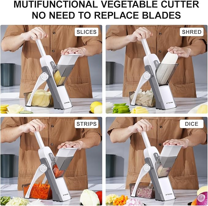 Safe Mandoline Slicer for Kitchen, Meal Prep, Potato Slicer, Adjustable/Easy to Clean/Storage, Kitchen Chopping Artifact, French Fry Cutter, Paring Knife/Cleaning Brush (only Slice, LightGrey)