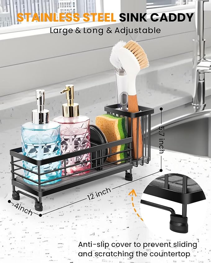 Kitchen Sink Caddy with Water Absorbent Diatomite Stone Sink Tray, Fast Drying Sink Organizer with High Dish Brush Holder Sponge Holder for Kitchen Sink, Stainless Steel
