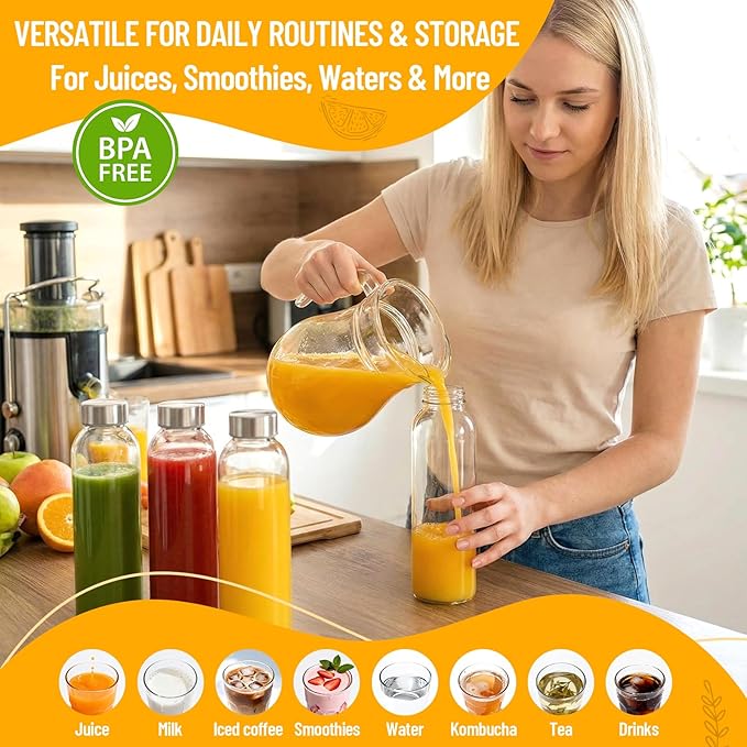 Luxfuel Clear Glass Bottles with Lids 18 oz, Reusable Glass Water Bottles with Stainless Steel Cap for Refrigerator, Juicing, 100% Leak Proof, BPA Free, Juice Bottle Drinking Jar Containers Set of 3