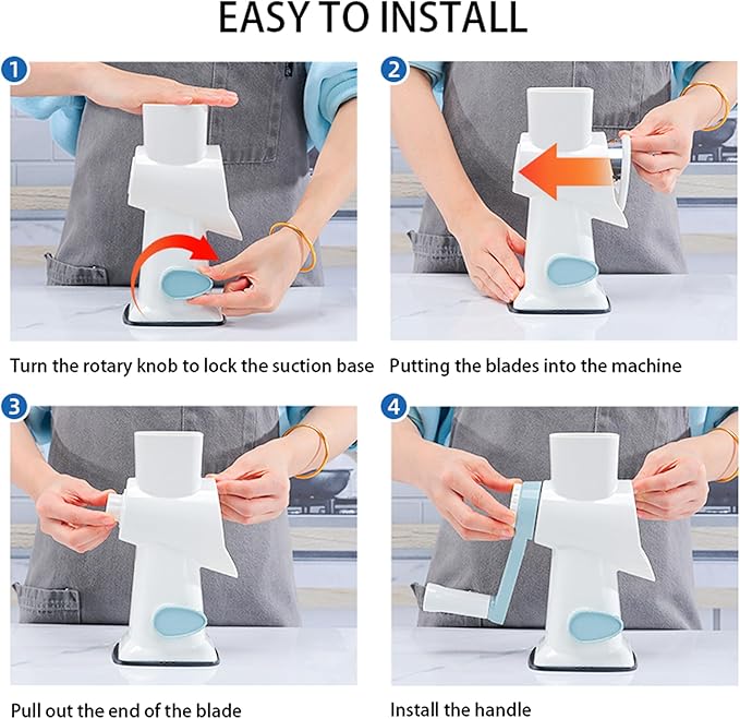 Cheese Grater Hand Crank Rotary Vegetables Shredder with Handle, 3-in-1 Graters with Interchangeable Blades and Non-slip Base Multifunctional Slicer for Kitchen