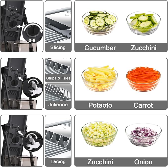 Jonscook All-in-1 Update Safe Mandoline Slicer for Kitchen, Food Chopper with Container, Thickness Adjustable Vegetable Chopper, Potato French Fry Cutter Tomato Apple Slicer Onion (BlackKnight)