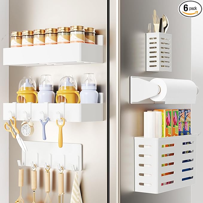 Magnetic Spice Rack for Refrigerator,6 Pack Magnetic Shelf,Fridge Magnet Organizer with Paper Towel Holder,Utensils Racks,Hook Rack,Deepened Basket,Fridge Organizers and Storage White(6 Pack)