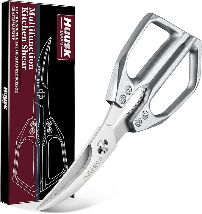 Huusk Seafood Scissors Silver - Stainless Steel Kitchen Shears Dishwasher Safe, Sharp Japanese-Style Kitchen Scissor for Crab, Shrimp, Lobster, Herbs and Food Prep, Gifts for Men Women
