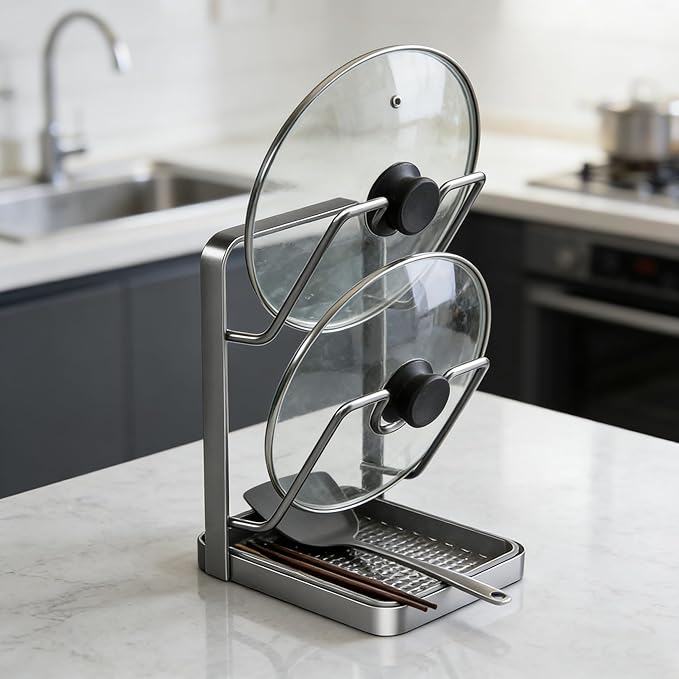 Pot Lid Organizer Holder Rack for While Cooking Under Cabinet Crockpot Pan and Storage Crock Spoon Rest with Kitchen Top Double U-Shaped Slots Steel Countertop Counter Stainless Stand Drip Tray