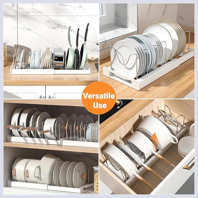 Sylfaen Expandable Pots and Pans Organizer Rack Under Cabinet, Pot Lid Holder with 7 Adjustable Dividers, Pan Organizers Inside Cabinet for Kitchen Storage Cookie Sheets Bakeware Cutting Board, White