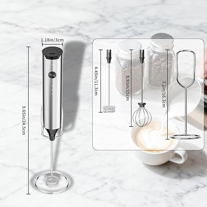 Rechargeable Handheld Milk Frother for Coffee, Hand Frother with Stand, Drink Mixer Frother Wand Electric Whisk Stirrer for Latte, Matcha, Cappuccino, Hot Chocolate (Stainless Steel)