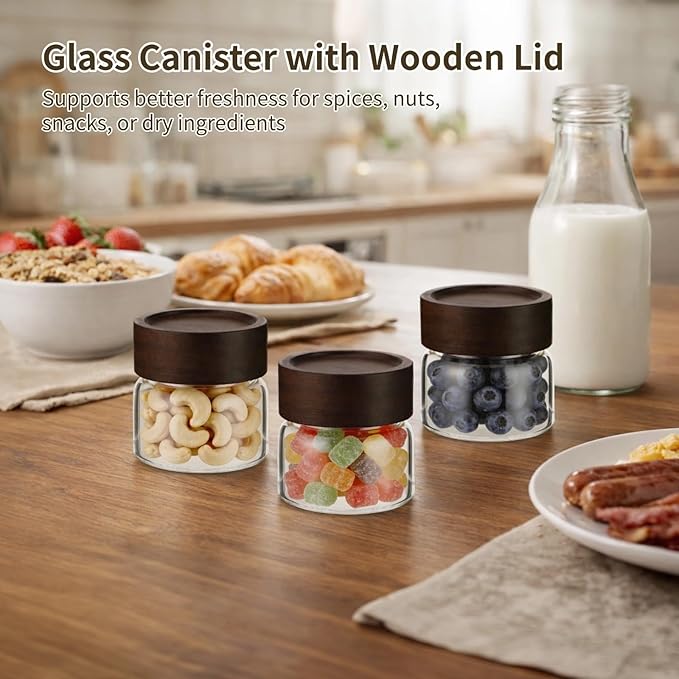 6 Pack Glass Spice Jars, Small Glass Canisters with Wooden Lids, 3.7 oz Stackable Airtight Glass Jars for Spices Snacks Overnight Oats, Clear Storage Containers for Pantry Shelves Kitchen
