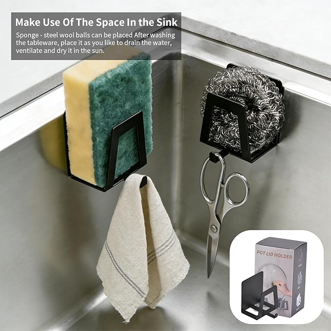 6 Pack Pot Lid Holders with Hook, Pot and Pan Hangers for Kitchen Inside Cabinet Wall Mount Rack Cabinet Door Lid Organizer, Save More Space, Black