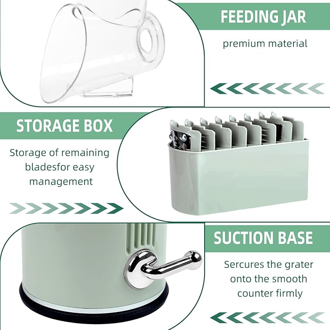 Rotary Cheese Grater with Handle, Vegetable Shredder with 5 Replaceable Blades & Strong Suction Base, Round Food Slicer & Chopper for Kitchen Fruit Vegetables Nuts with Blade Storage Box (Green)